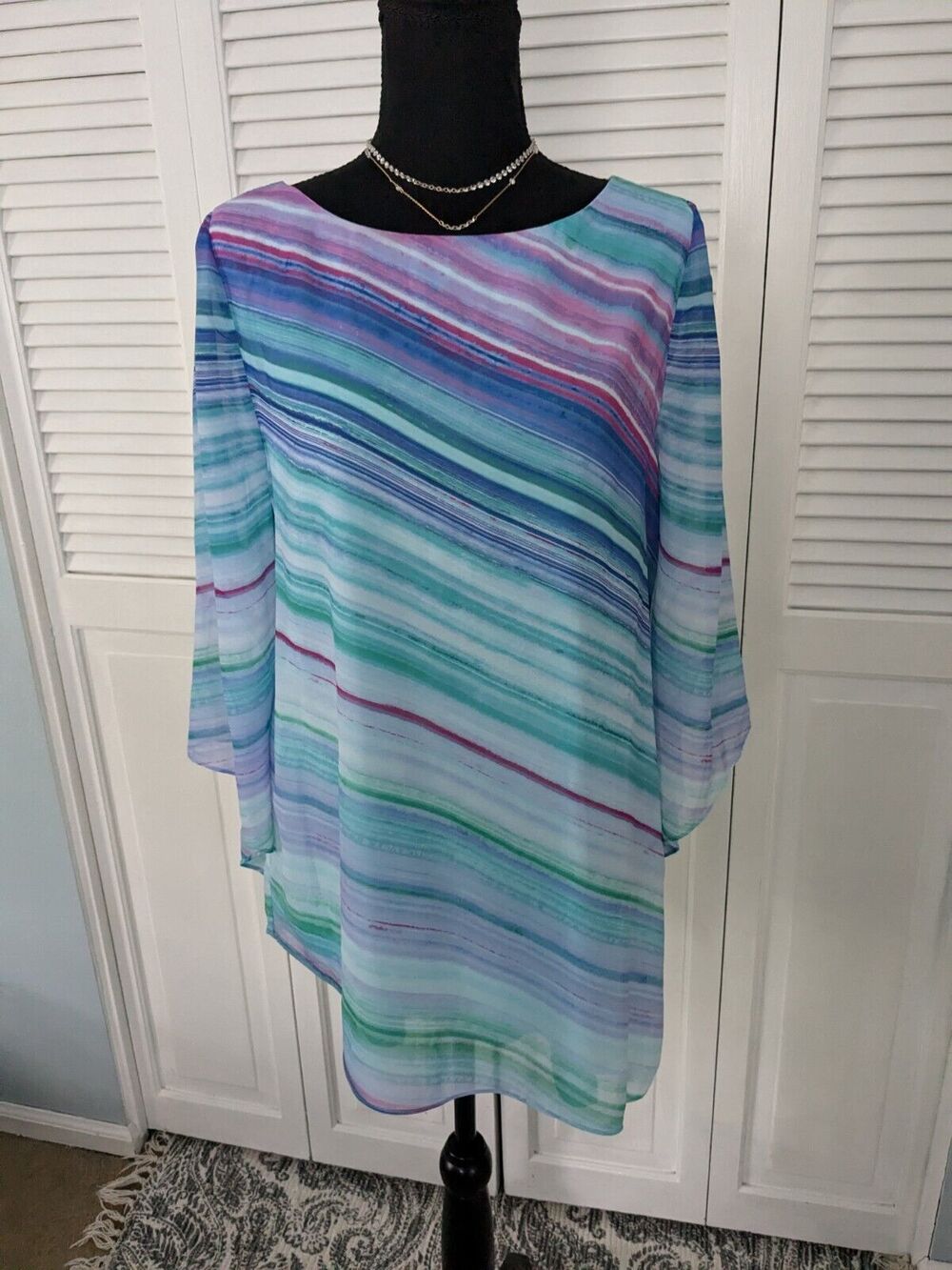 Chico's Top Womens Sz S (0) Purple Aqua Stripe Chiffon Layer Asymmetrical Tunic